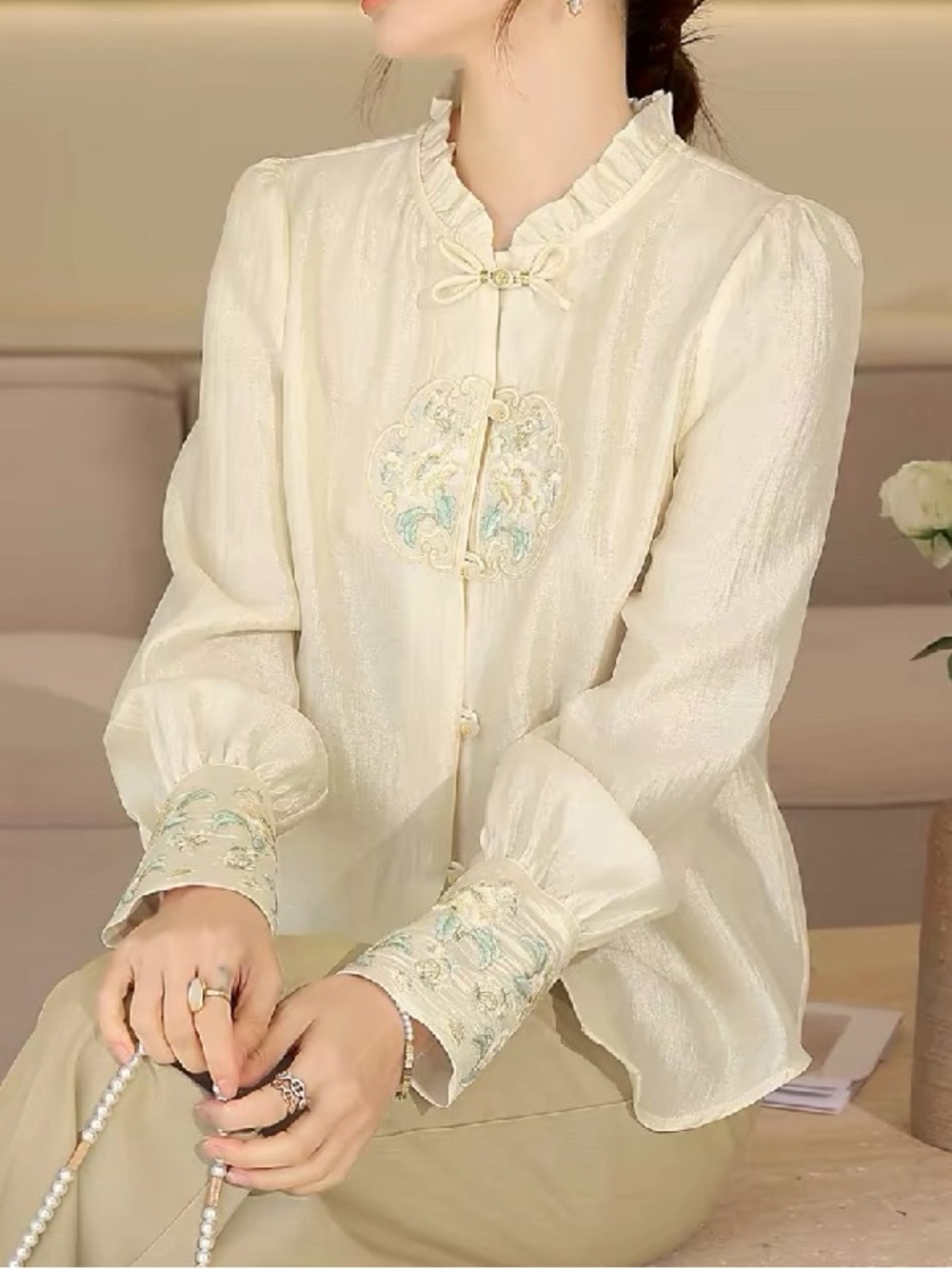 Gorgeous Ivory Embroidered Mandarin Collar Blouse